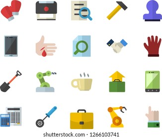 Color flat icon set calculator flat vector, hammer, kitchen spoon, shovel, gloves, robotics, case, injury, coffee, magnifier, agreement, stamp, industrial robot, boxing, hand luggage fector, mobile