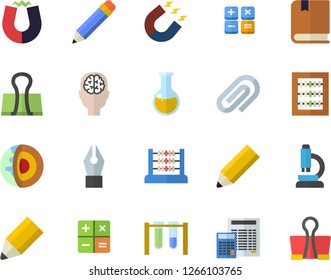 Color flat icon set calculator flat vector, magnet, medical analysis, clip, abacus, ink pen, pencil, microscope, textbook, beakers, brain fector, core of the earth, binder