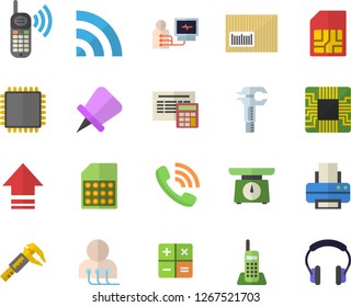 Color flat icon set calculator flat vector, weighing machine, trammel, motherboard, SIM card, phone call, barcode, diagnostics, telephone, printer, cpu, broadcast, upload, drawing pin, headset