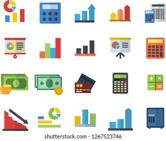 Color flat icon set calculator flat vector, crisis, chart, cash, statistics, statistic, presentaition board, achievement, credit card fector, safe