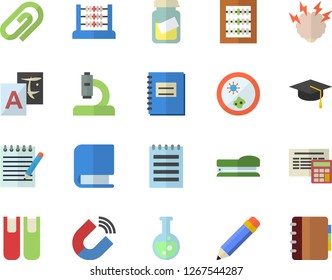 Color flat icon set calculator flat vector, magnet, microscope, medical analysis, notebook, abacus, book, stapler, flask, notepad, pencil, bachelor cap, brainstorm, Petri dish, translate, clip