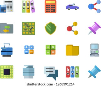 Color flat icon set calculator flat vector, autopilot, chat, drawing pin, computer file, folder, copy machine, cpu, electronic circuit, security fector, share, sharing