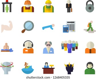 Color flat icon set calculator flat vector, construction worker, person, team, telephone operator, massage, headache, businessman, scientist, weight, muscles, push up, hike fector, control gate