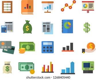 Color flat icon set calculator flat vector, chart, cash, credit card, dollar, investments, wealth, scatter, news, book balance accounting, statistic, abacus, dispenser fector