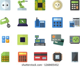 Color flat icon set calculator flat vector, mixer, socket, motherboard, SIM card, credit, cash machine, telephone, laptop, cpu, oscilloscope, industrial robot, mobile