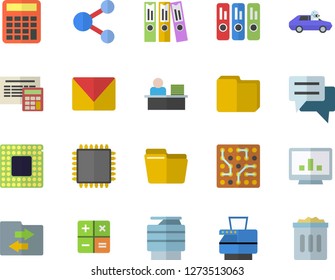 Color flat icon set calculator flat vector, autopilot, chat, computer chart, file, folder, office worker, copy machine, mail, cpu, electronic circuit, share, sharing, trash can