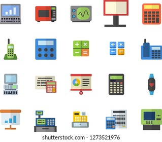 Color flat icon set calculator flat vector, microwave, billboard, cash machine, chart, telephone, computer, oscilloscope, fitness bracelet, dispenser fector