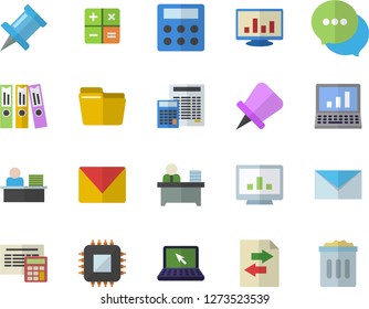 Color flat icon set calculator flat vector, motherboard, chat, computer chart, file, folder, office worker, laptop, mail, sharing, drawing pin, trash can