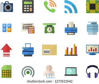 Color flat icon set calculator flat vector, weighing machine, motherboard, SIM card, phone call, barcode, diagnostics, computer chart, statistic, printer, copy, laptop, camera fector, broadcast
