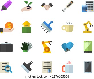 Color flat icon set calculator flat vector, putty knife, blender, tea, seedlings, gloves, robotics, case, marker, investments, coffee, magnifier, agreement, contract, industrial robot, boxing