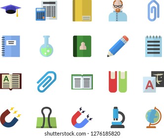 Color flat icon set calculator flat vector, magnet, notebook, clip, pencil, book, flask, microscope, notepad, bachelor cap, scientist, translate, binder, globe