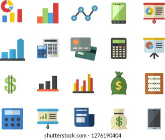 Color flat icon set calculator flat vector, chart, credit card, dollar, wealth, statistics, scatter, news, statistic, abacus, presentaition board, mobile