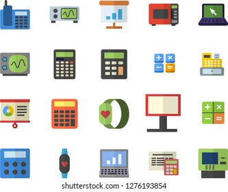 Color flat icon set calculator flat vector, microwave, billboard, cash machine, chart, telephone, laptop, computer, oscilloscope, fitness bracelet, dispenser fector