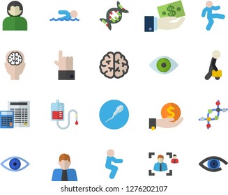 Color flat icon set calculator flat vector, person, investments, blood transfusion, eye, sperm, recruitment, businessman, dna, brain, fector, swimming, gymnastics, squats, user, indicate