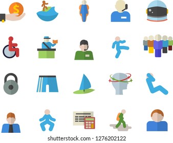 Color flat icon set calculator flat vector, person, investments, team, telephone operator, disabled, headache, phone, astronaut helmet fector, weight, athletic shorts, gymnastics, swing press, size