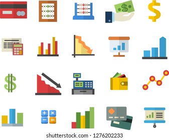 Color flat icon set calculator flat vector, crisis, chart, credit card, dollar, investments, purse, scatter, cash machine, statistic, abacus, presentaition board