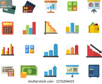 Color flat icon set calculator flat vector, crisis, chart, cash, credit card, purse, statistic, presentaition board, achievement, fector, safe