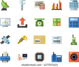 Color flat icon set calculator flat vector, weighing machine, trammel, satellite antenna, motherboard, barcode, diagnostics, computer chart, statistic, telephone, printer, copy, satellit, upload