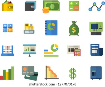 Color flat icon set calculator flat vector, crisis, chart, cash, credit card, dollar, purse, wealth, statistics, scatter, news, book balance accounting, machine, abacus, presentaition board, safe