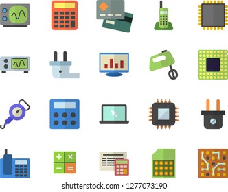 Color flat icon set calculator flat vector, spring balance, mixer, plug socket, motherboard, SIM card, credit, computer chart, telephone, laptop, cpu, oscilloscope, electronic circuit