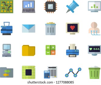Color flat icon set calculator flat vector, motherboard, scatter chart, computer diagnostics of health, file, printer, copy machine, mail, cpu, electronic circuit, sharing, drawing pin, trash can