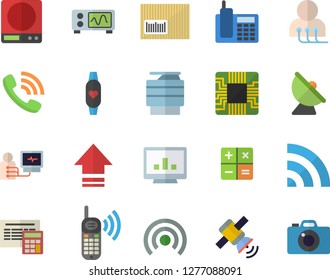 Color flat icon set calculator flat vector, weighing machine, satellite antenna, motherboard, phone call, barcode, diagnostics, computer chart, telephone, copy, satellit, oscilloscope, broadcast