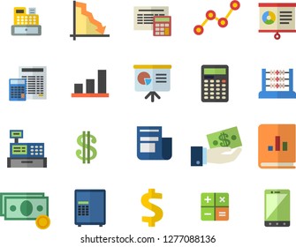 Color flat icon set calculator flat vector, crisis, cash, dollar, investments, scatter chart, news, book balance accounting, machine, abacus, presentaition board, safe fector, mobile