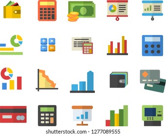 Color flat icon set calculator flat vector, crisis, chart, cash, credit card, purse, statistics, statistic, presentaition board, dispenser fector