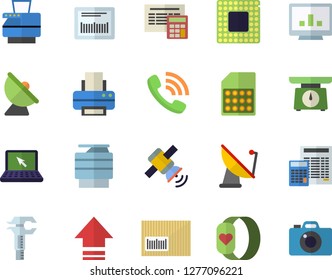 Color flat icon set calculator flat vector, weighing machine, satellite antenna, SIM card, trammel, phone call, barcode, computer chart, printer, copy, laptop, satellit, cpu, fitness bracelet