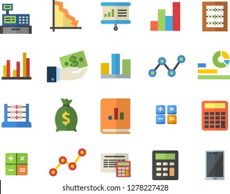 Color flat icon set calculator flat vector, crisis, investments, wealth, statistics, scatter chart, book balance accounting, cash machine, statistic, abacus, presentaition board, mobile