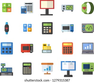 Color flat icon set calculator flat vector, microwave, billboard, cash machine, chart, computer, oscilloscope, fitness bracelet, dispenser fector