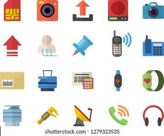 Color flat icon set calculator flat vector, weighing machine, trammel, satellite antenna, SIM card, phone call, barcode, diagnostics, telephone, copy, fitness bracelet, upload, drawing pin, camera