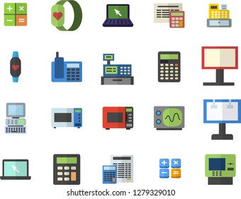Color flat icon set calculator flat vector, microwave, billboard, cash machine, telephone, laptop, computer, oscilloscope, fitness bracelet, dispenser fector