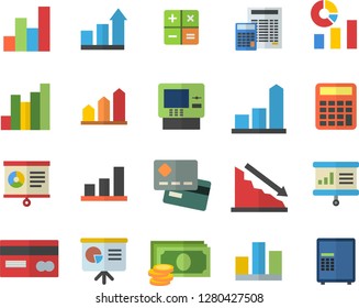 Color flat icon set calculator flat vector, crisis, chart, cash, credit card, statistics, statistic, presentaition board, achievement, dispenser fector, safe