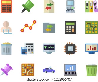 Color flat icon set calculator flat vector, autopilot, motherboard, scatter chart, computer diagnostics of health, drawing pin, folder, electronic circuit, file sharing, trash can