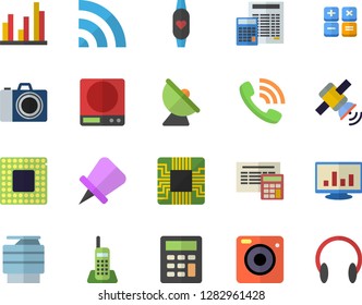 Color flat icon set calculator flat vector, weighing machine, satellite antenna, motherboard, phone call, computer chart, statistic, telephone, copy, satellit, cpu, fitness bracelet, camera fector