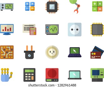 Color flat icon set calculator flat vector, weighing machine, socket, plug, motherboard, computer chart, laptop, robot hand, cpu, oscilloscope, electronic circuit, credit card fector, cash dispenser