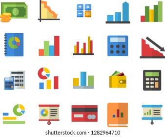 Color flat icon set calculator flat vector, crisis, chart, cash, credit card, purse, statistics, book balance accounting, statistic, presentaition board