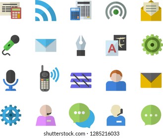 Color flat icon set calculator flat vector, cogwheel, phone call, chat, ink pen, operator, paper tray, mail, broadcast, translate, message, envelope, microphone, user