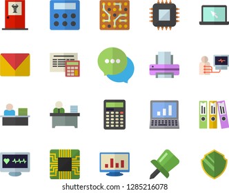 Color flat icon set calculator flat vector, motherboard, chat, computer diagnostics of health, drawing pin, chart, folder, office worker, printer, laptop, mail, electronic circuit, doctor's fector