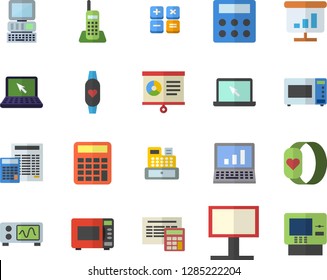 Color flat icon set calculator flat vector, microwave, billboard, cash machine, chart, telephone, laptop, computer, oscilloscope, fitness bracelet, dispenser fector