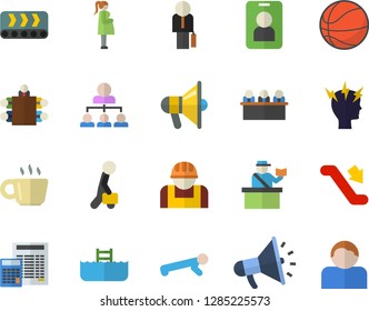 Color flat icon set calculator flat vector, conveyor, construction worker, mouthpiece, headache, gestation, coffee, meeting, hierarchy, businessman, basketball, push up, escalator fector, pool, pass