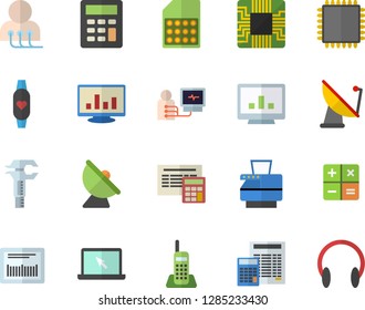 Color flat icon set calculator flat vector, satellite antenna, motherboard, SIM card, trammel, barcode, diagnostics, computer chart, telephone, copy machine, laptop, cpu, fitness bracelet, headset