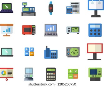 Color flat icon set calculator flat vector, microwave, billboard, cash machine, chart, telephone, laptop, computer, oscilloscope, fitness bracelet, dispenser fector