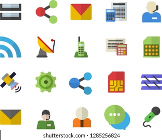 Color flat icon set calculator flat vector, cogwheel, satellite antenna, SIM card, person, molecules, telephone operator, chat, phone, paper tray, mail, satellit, broadcast, envelope, microphone