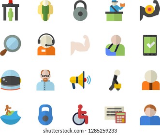 Color flat icon set calculator flat vector, person, telephone operator, disabled, injury, businessman, scientist, astronaut helmet fector, weight, muscles, lose, control gate, passport, check in