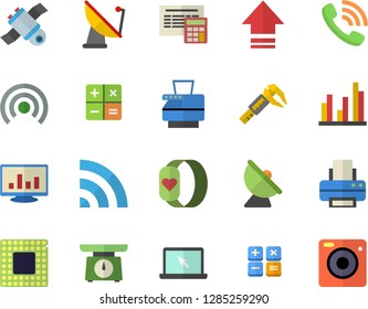 Color flat icon set calculator flat vector, weighing machine, trammel, satellite antenna, phone call, computer chart, statistic, printer, copy, laptop, satellit, cpu, fitness bracelet, broadcast