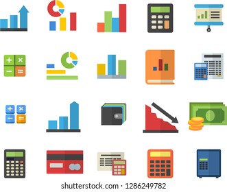 Color flat icon set calculator flat vector, crisis, chart, cash, credit card, purse, statistics, book balance accounting, statistic, presentaition board, achievement, safe fector