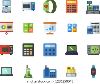 Color flat icon set calculator flat vector, microwave, cash machine, chart, telephone, laptop, computer, oscilloscope, fitness bracelet