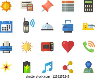 Color flat icon set calculator flat vector, microwave, food processor, sun, battery, phone call, heart, calendar, printer, copy machine, spark, pushpin, jingle fector, share, menu, note, location